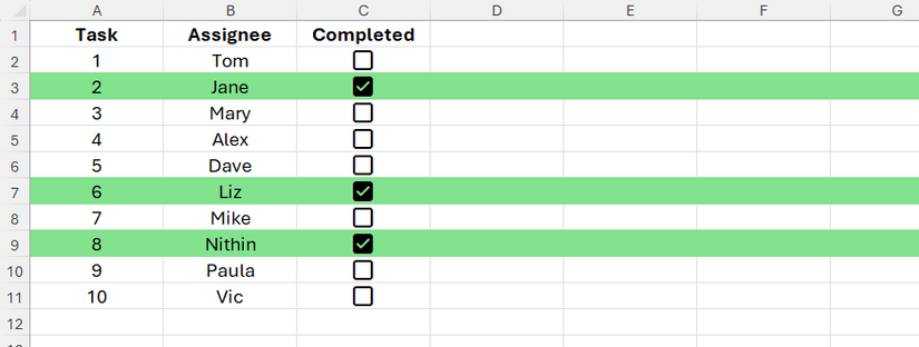 Three rows in an Excel spreadsheet are filled green, thanks to a conditional formatting rule that evaluates whether checkboxes are checked.