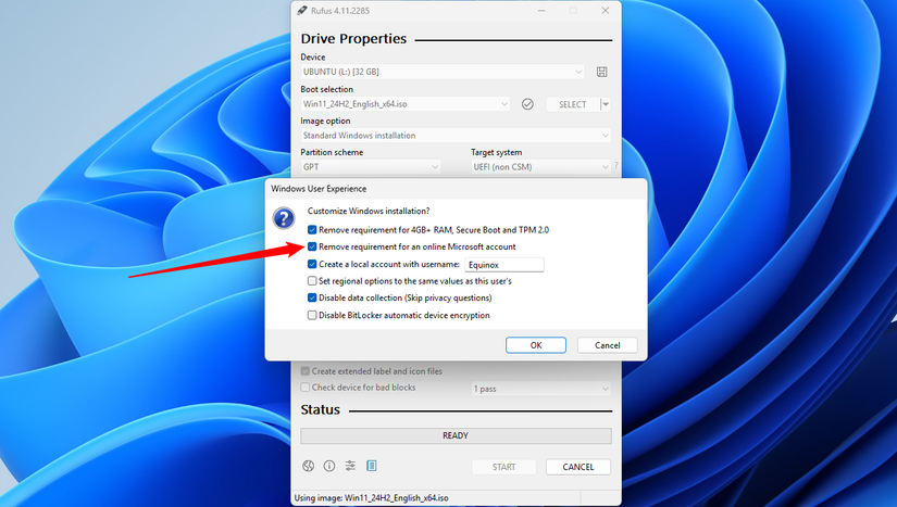 Tick the box to disable the Microsoft account requirement.