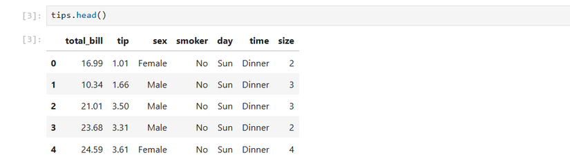 Вывод первых строк датасета чаевых из Seaborn в Jupyter notebook.