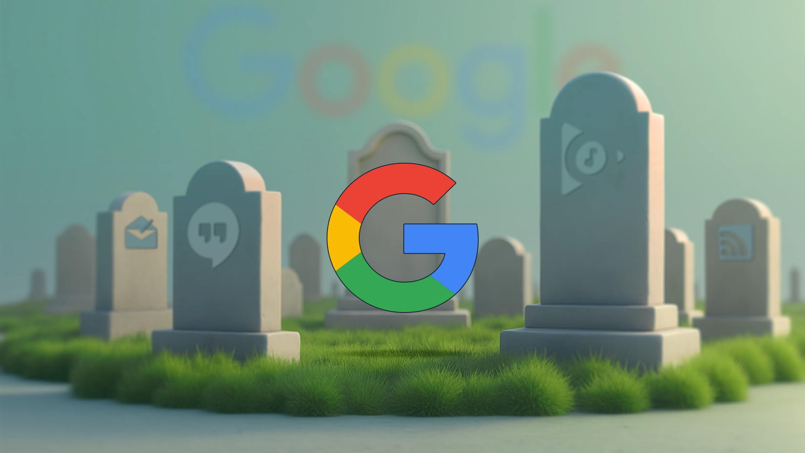 Tombstones with icons of discontinued Google apps stand in a grassy graveyard, with the colorful Google logo in the center.