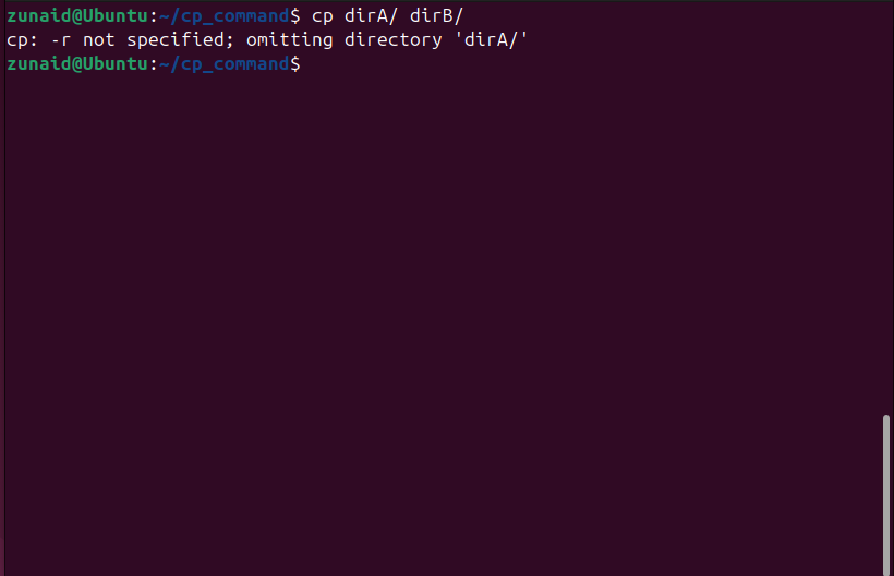 Trying to copy a directory using the cp command in Linux without using the -r flag.