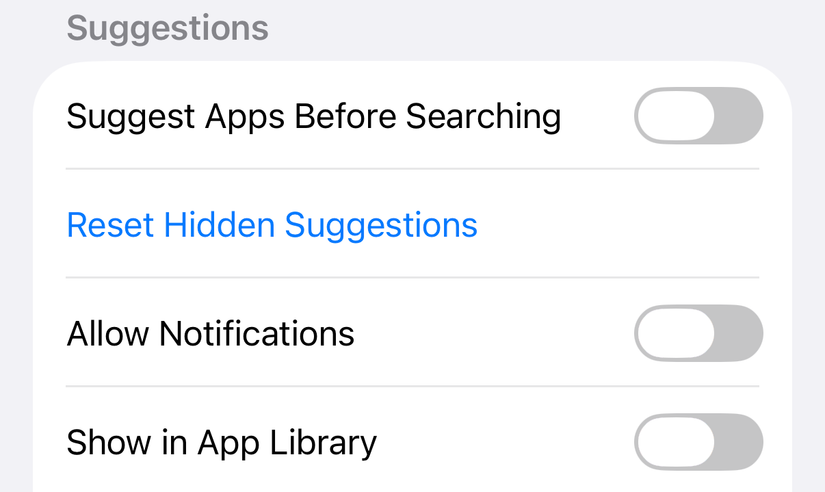 Turning off Siri suggestions in iPhone Settings.