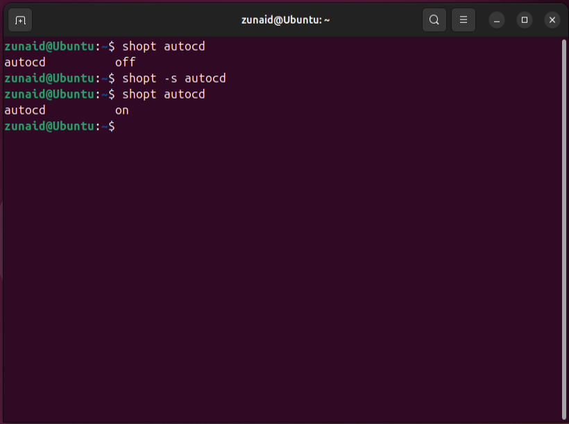 Ativando o recurso autocd usando o comando shopt.