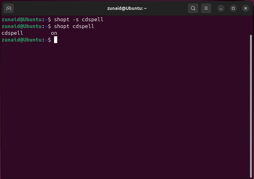Ativando o recurso cdspell usando o comando shopt.
