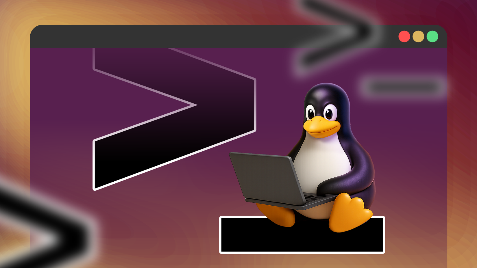 Tux, o mascote do Linux, sentado com um laptop em frente a uma grande janela de terminal.-1