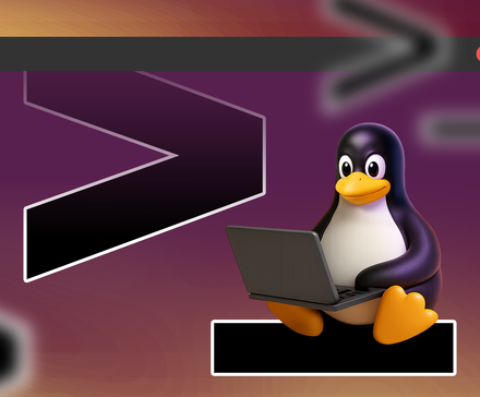 Tux, the Linux mascot, sitting with a laptop in front of a large terminal window.-1