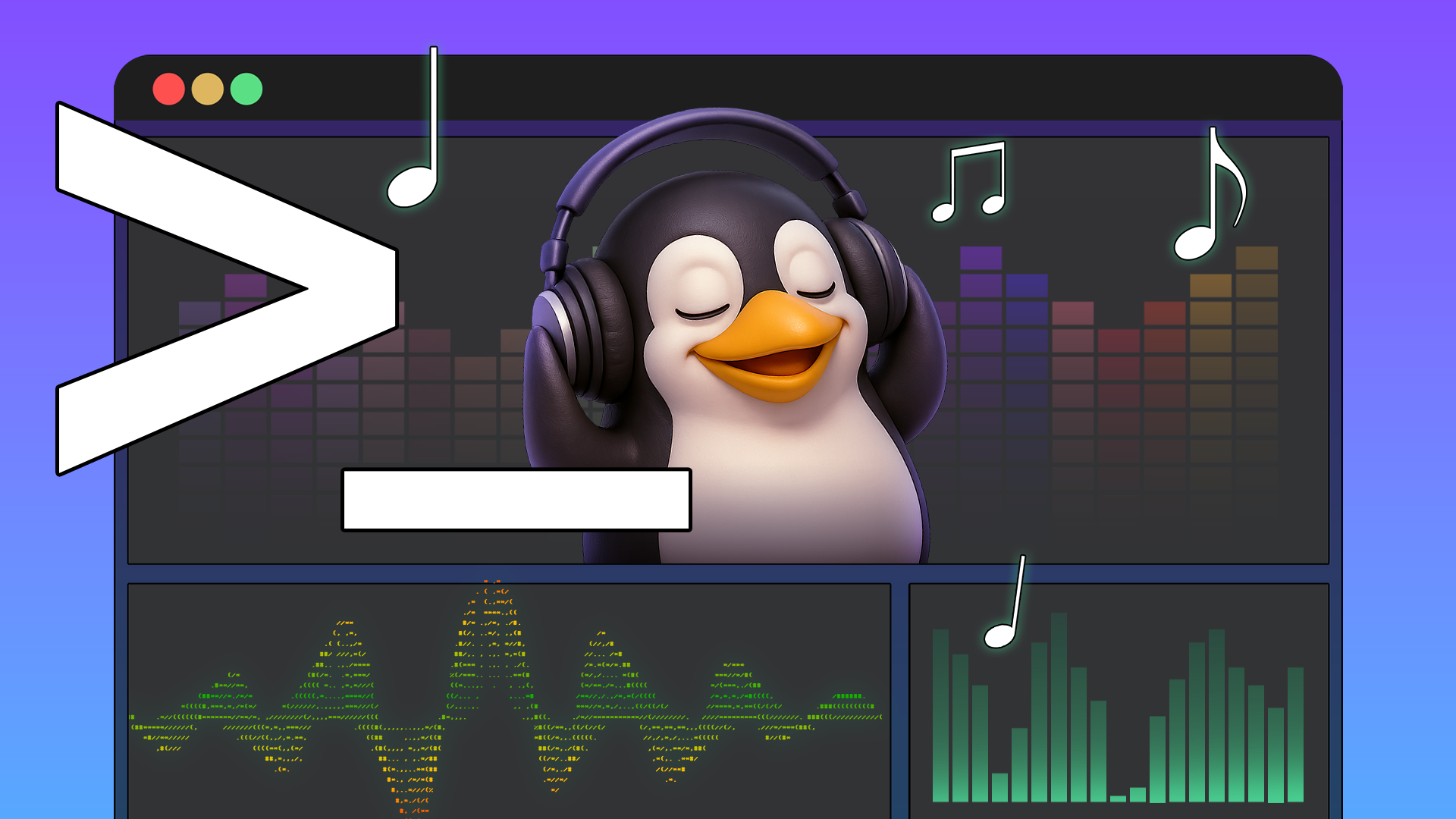 Tux, o mascote do Linux, usando fones de ouvido dentro de uma janela de terminal com equalizadores coloridos e notas musicais.
