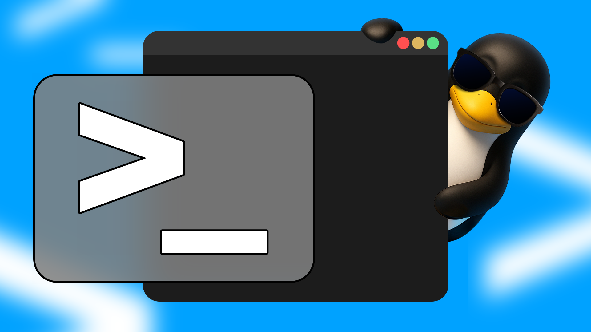 Tux, the Linux mascot, wearing sunglasses and peeking from behind a large terminal window on a bright blue background.-1