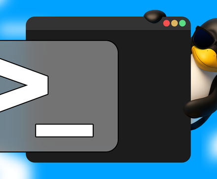 Tux, the Linux mascot, wearing sunglasses and peeking from behind a large terminal window on a bright blue background.-1