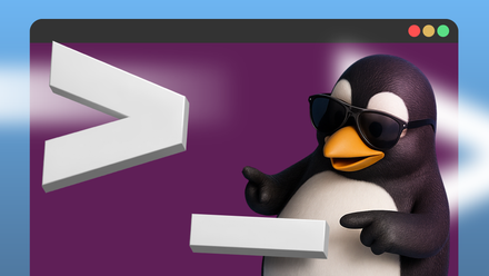 Tux, the Linux mascot, wearing sunglasses and pointing at large 3D terminal symbol.-1