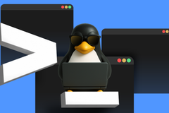 Tux, the Linux mascot, wearing sunglasses and working on a laptop surrounded by floating terminal windows and 3D command symbols.-1