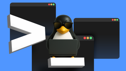 Tux, the Linux mascot, wearing sunglasses and working on a laptop surrounded by floating terminal windows and 3D command symbols.-1