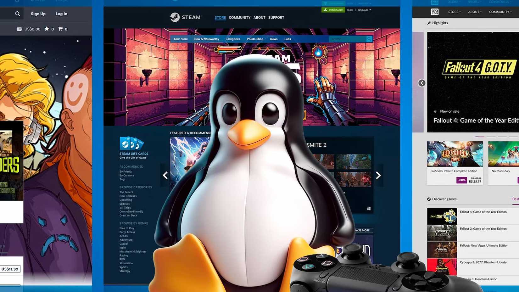 Маскот Linux Tux с геймпадом, экраны игр на заднем плане.