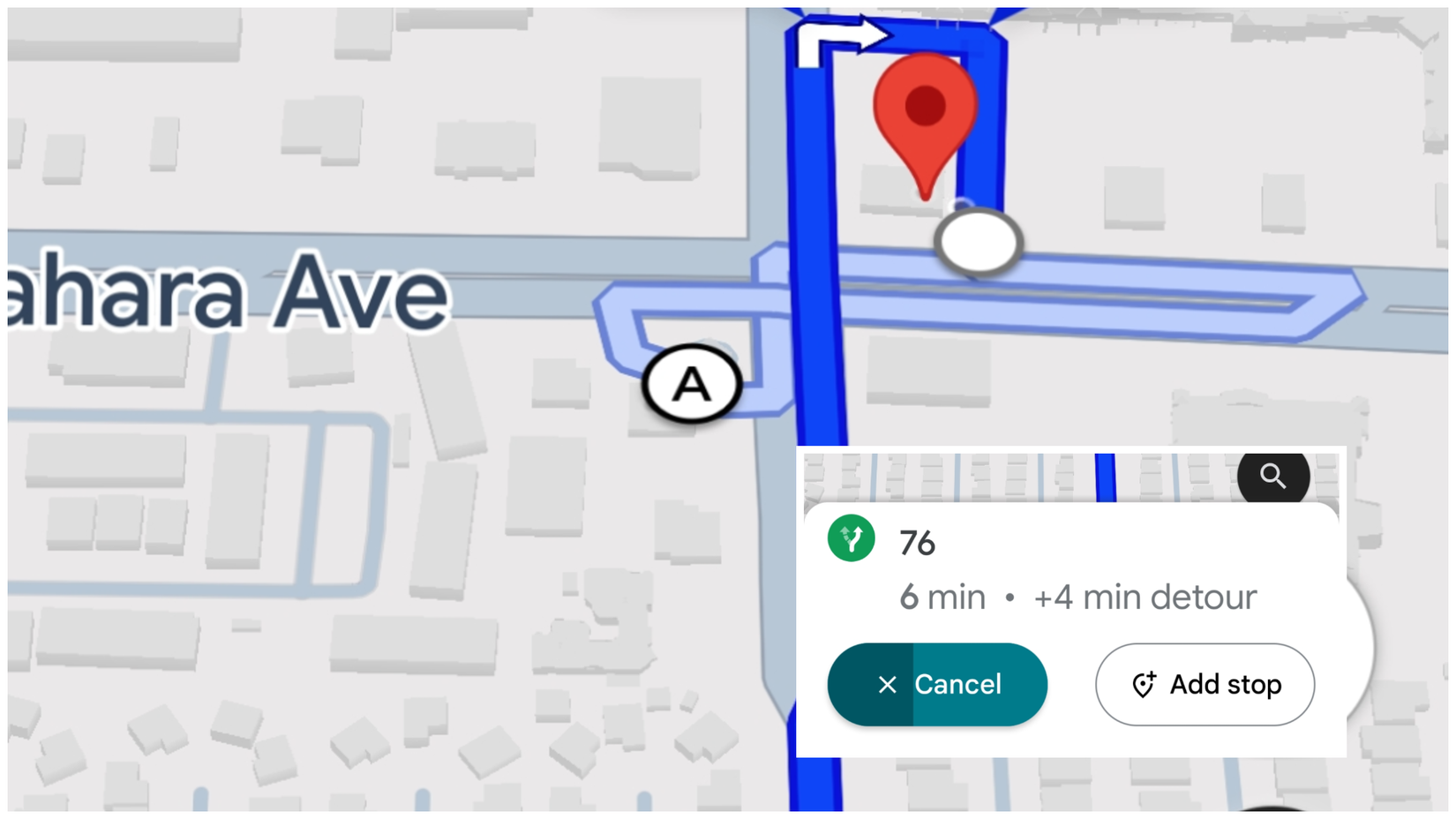 Two images showing off what it looks like when you add a stop in Google Maps