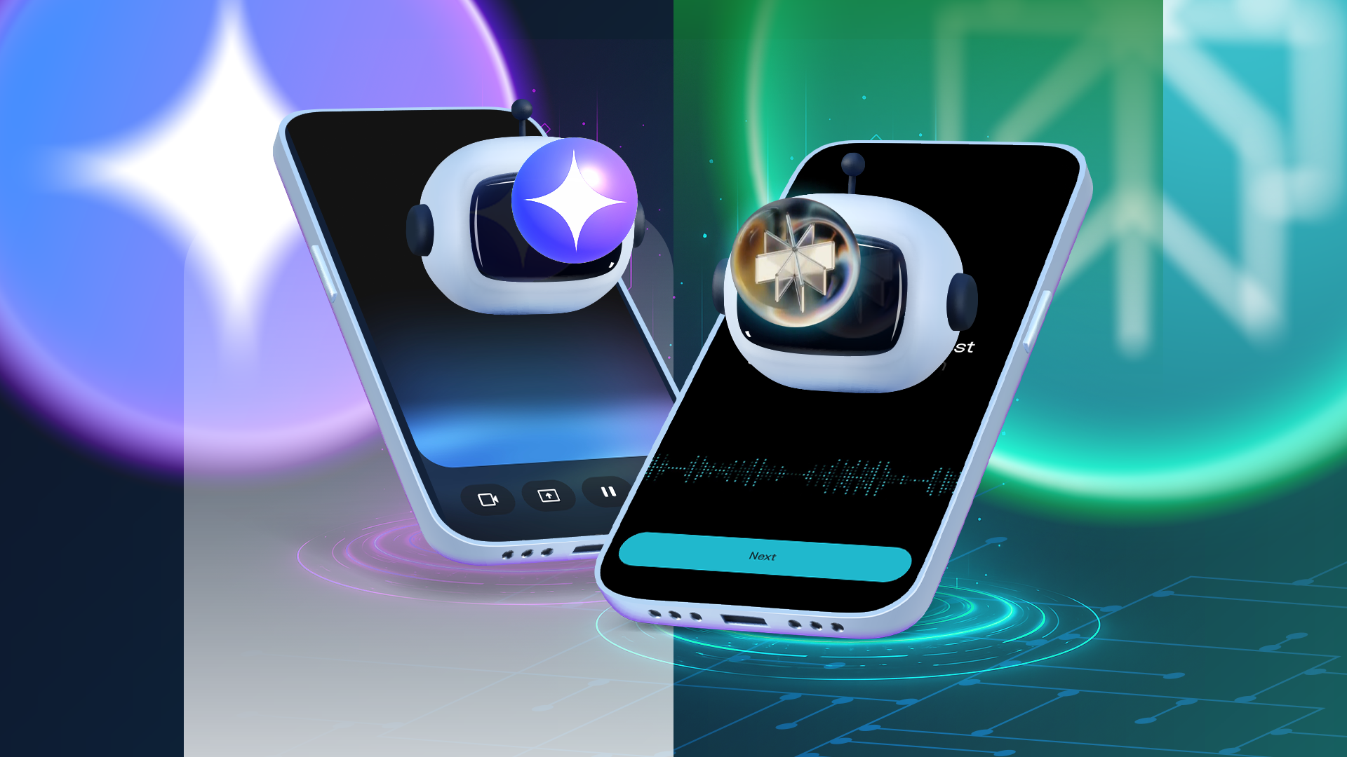Two smartphones side by side, one displaying a robot with the Gemini logo, and the other showing a robot with the Perplexity AI logo.