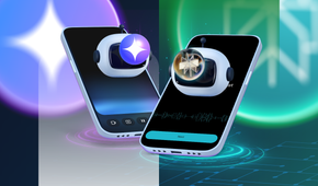 Two smartphones side by side, one displaying a robot with the Gemini logo, and the other showing a robot with the Perplexity AI logo.