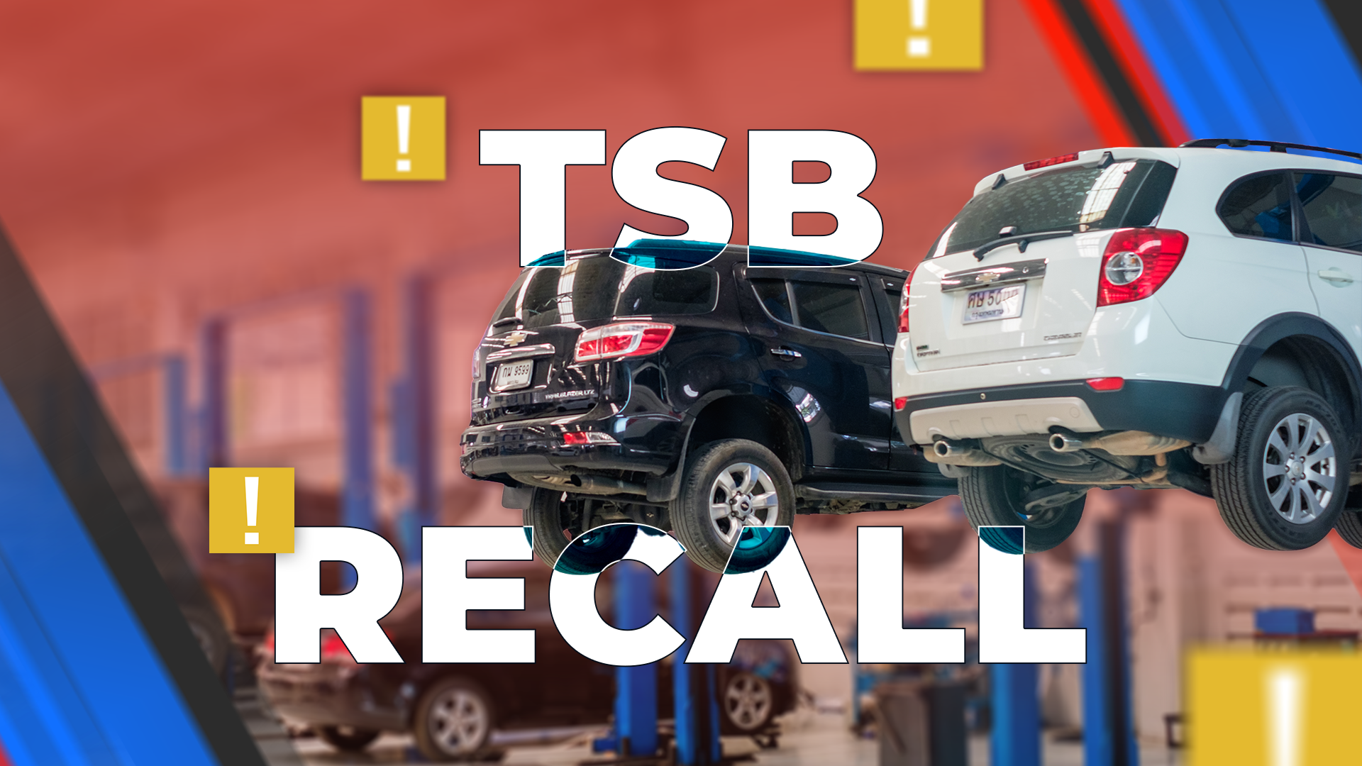 Two SUVs raised on lifts inside an auto repair shop, with large white text reading 'TSB' above and 'RECALL' below, surrounded by yellow alert icons.