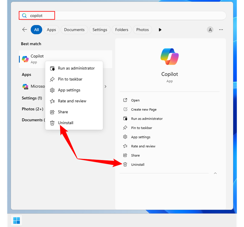Uninstalling Copilot from Windows 11.