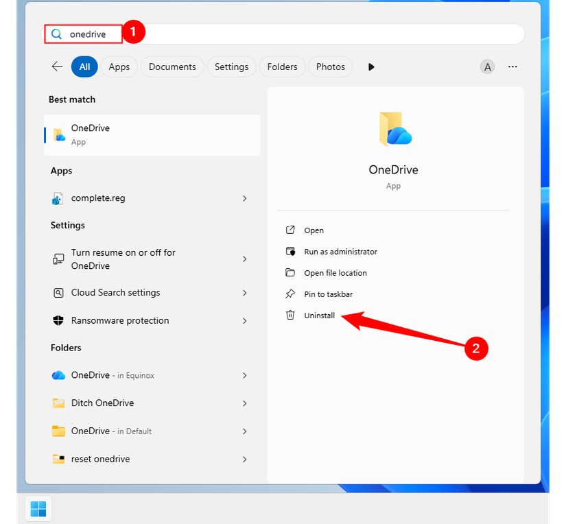 Removing OneDrive from Windows 11.