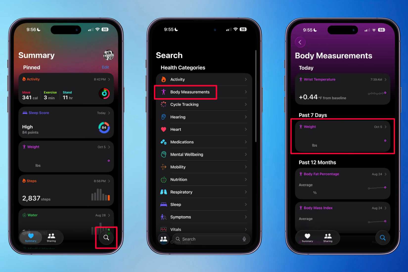 Different screens to locate where to find the section that showcases your weight.