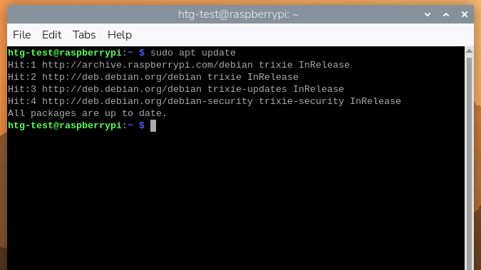 Updating repositiories with the sudo apt update command in Raspberry Pi OS.