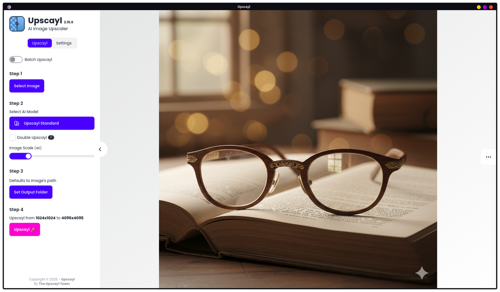 Upscayl user interface showing an image uploaded and ready to be upscaled.