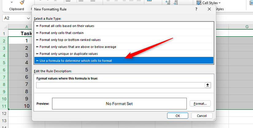 Use A Formula To Determine Which Cells To Format is selected in the New Formatting Rule in Excel.