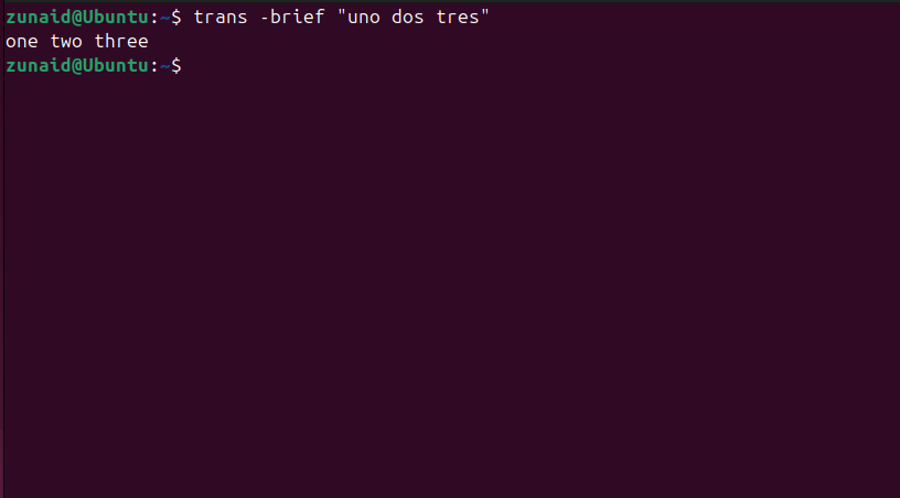 Usando o sinalizador breve no Translate Shell para evitar uma quebra detalhada da tradução.