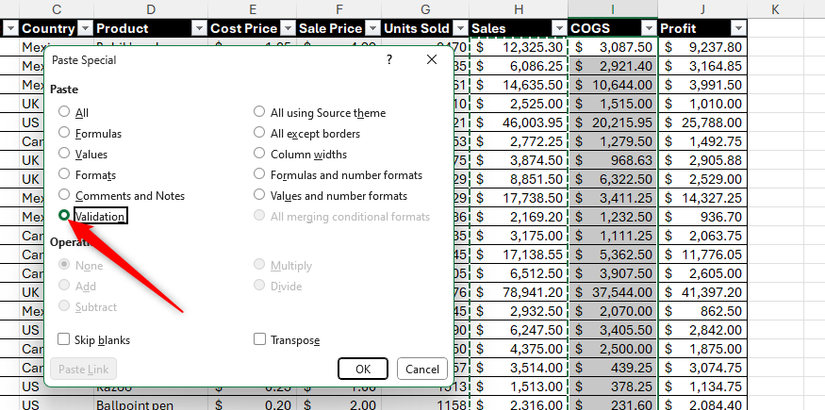 A validação é verificada na caixa de diálogo Colar especial do Excel.