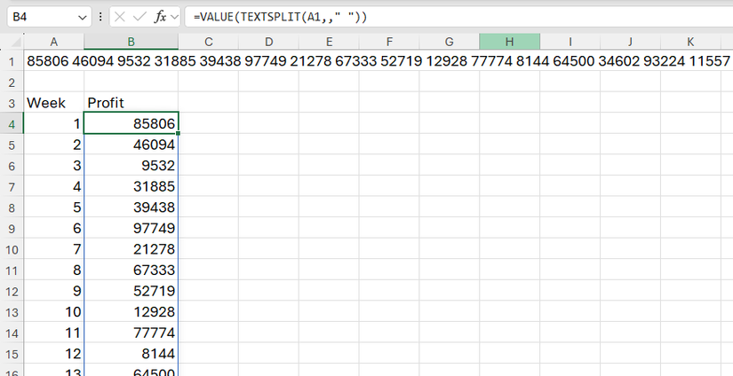 VALUE and TEXTSPLIT are used to split a space-delimited string of numbers into a column and convert the result into numeric values.