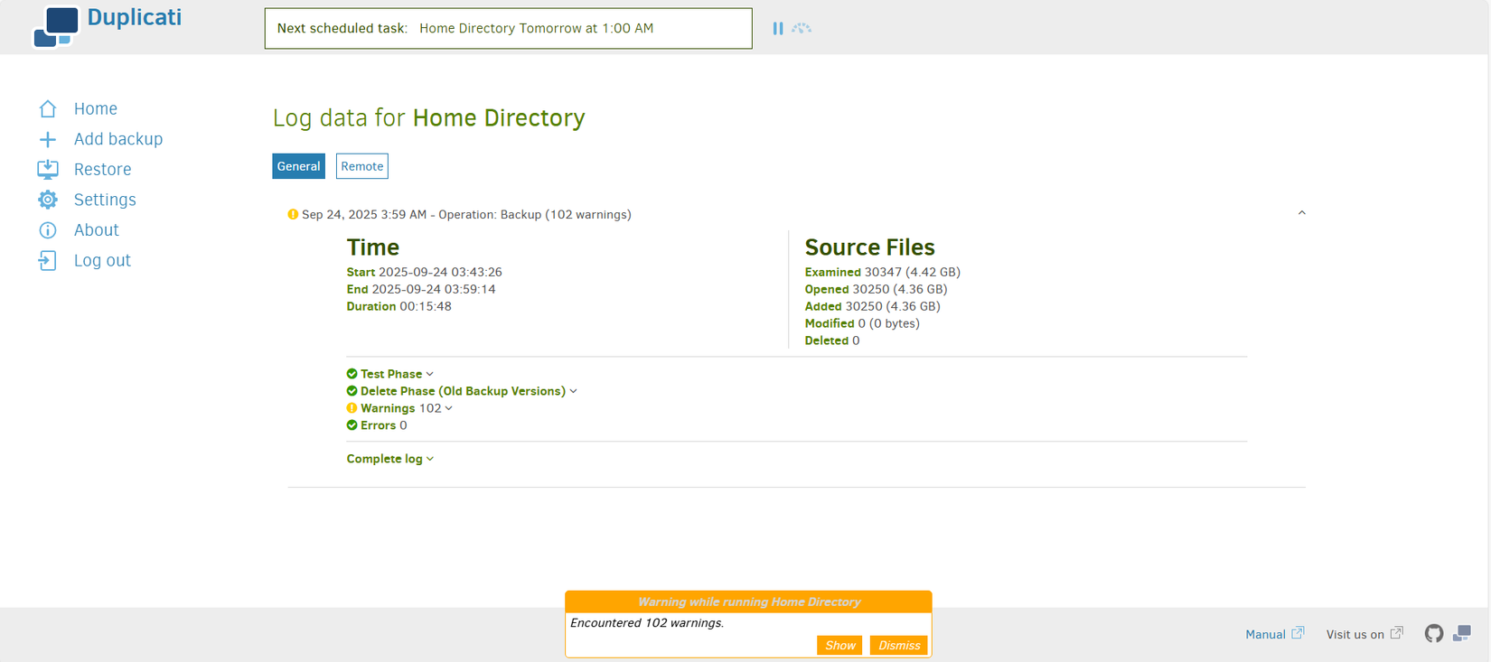 Ver información detallada de la copia de seguridad en Duplicati.