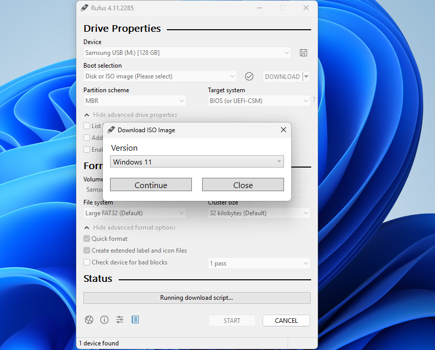 Walk through the prompts Rufus provides to pick the version you want to download.