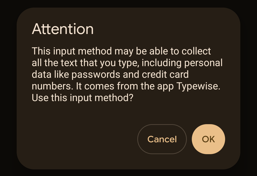 Warning screen showing that keyboards can collect your data.