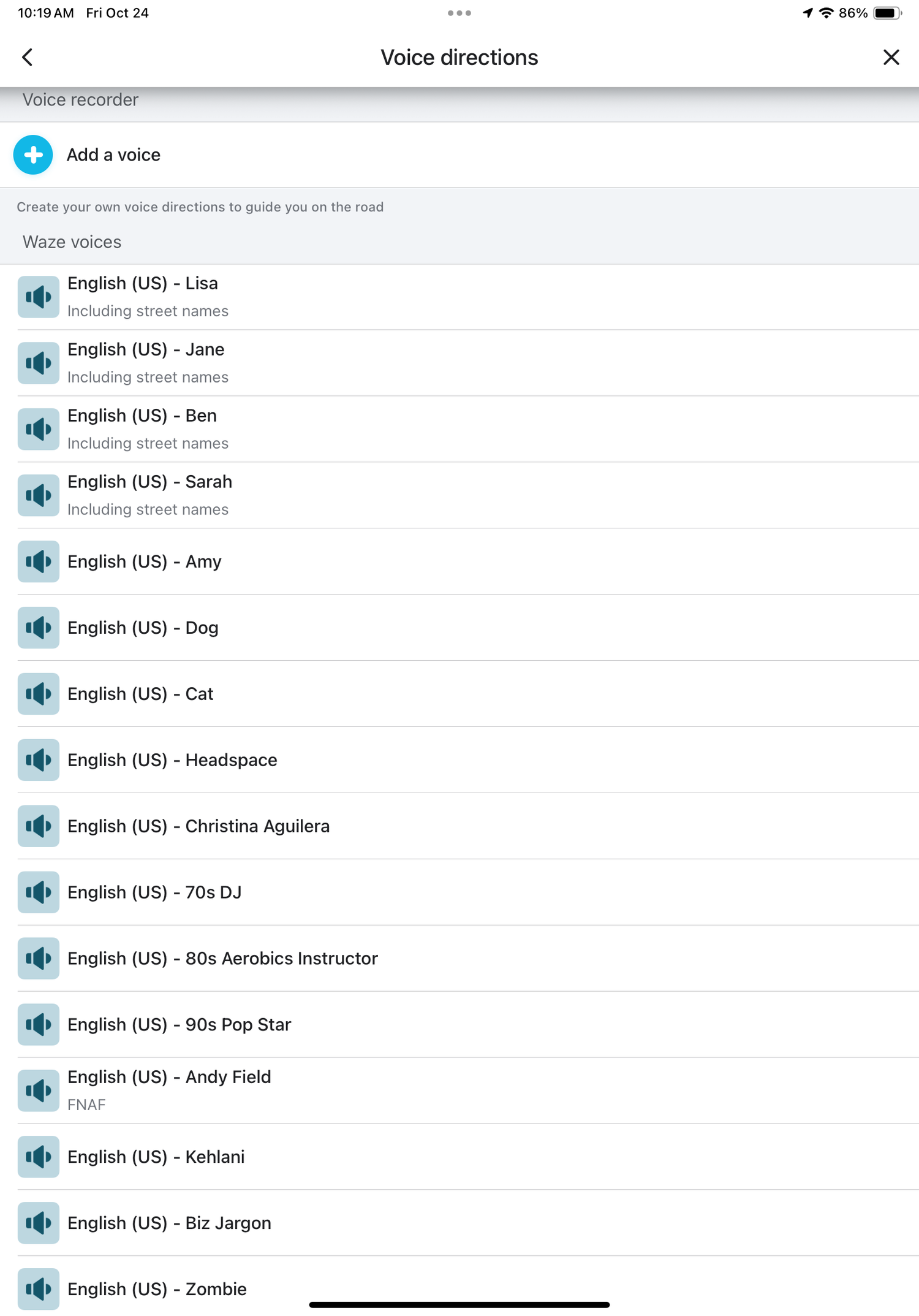 さまざまな音声オプションを示す Waze Seaze 音声環境のスクリーンショット。