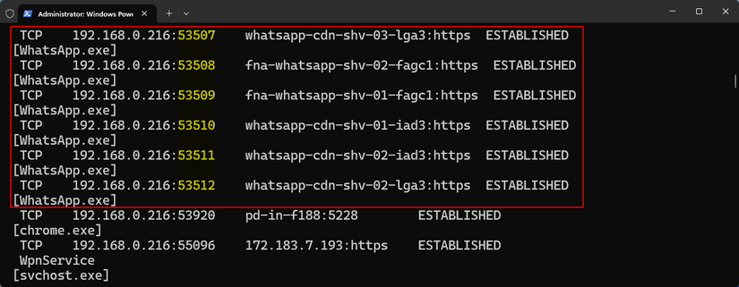 Whatsapp using multiple ports between 53507 and 53512.