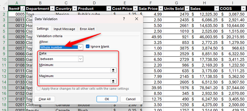 Caixa de diálogo Validação de dados do Excel, com número inteiro selecionado no campo Permitir e os campos adicionais resultantes abaixo.