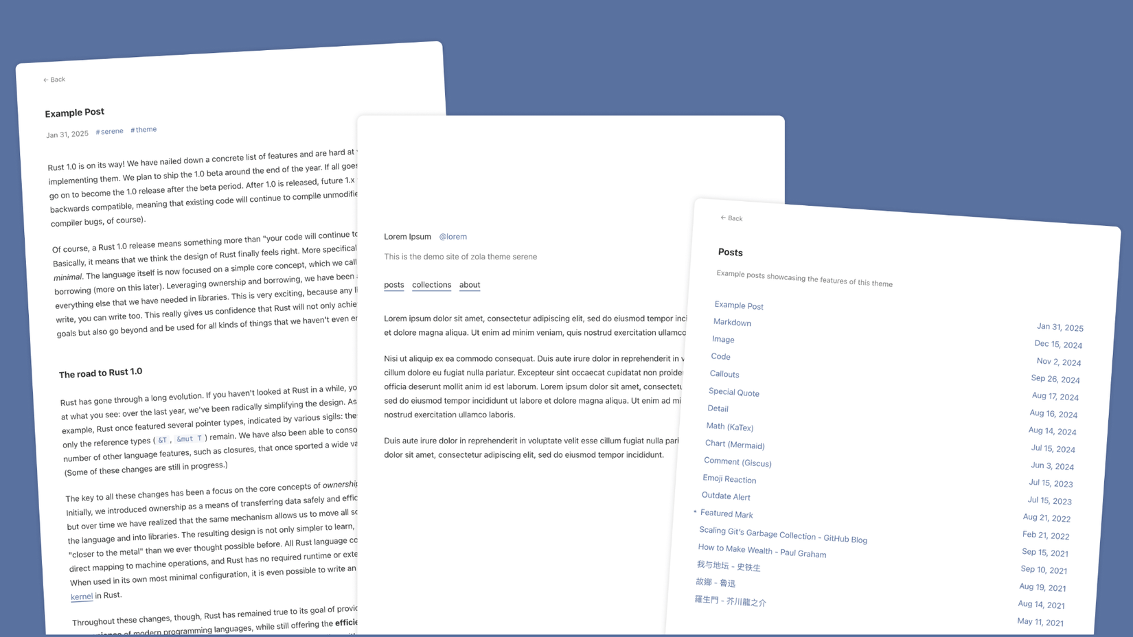 Zola static website generator theme showing multiple pages.