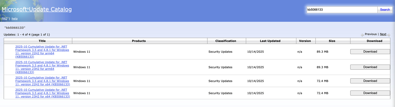 Checking details of an update on the Microsoft Update Catalog website.