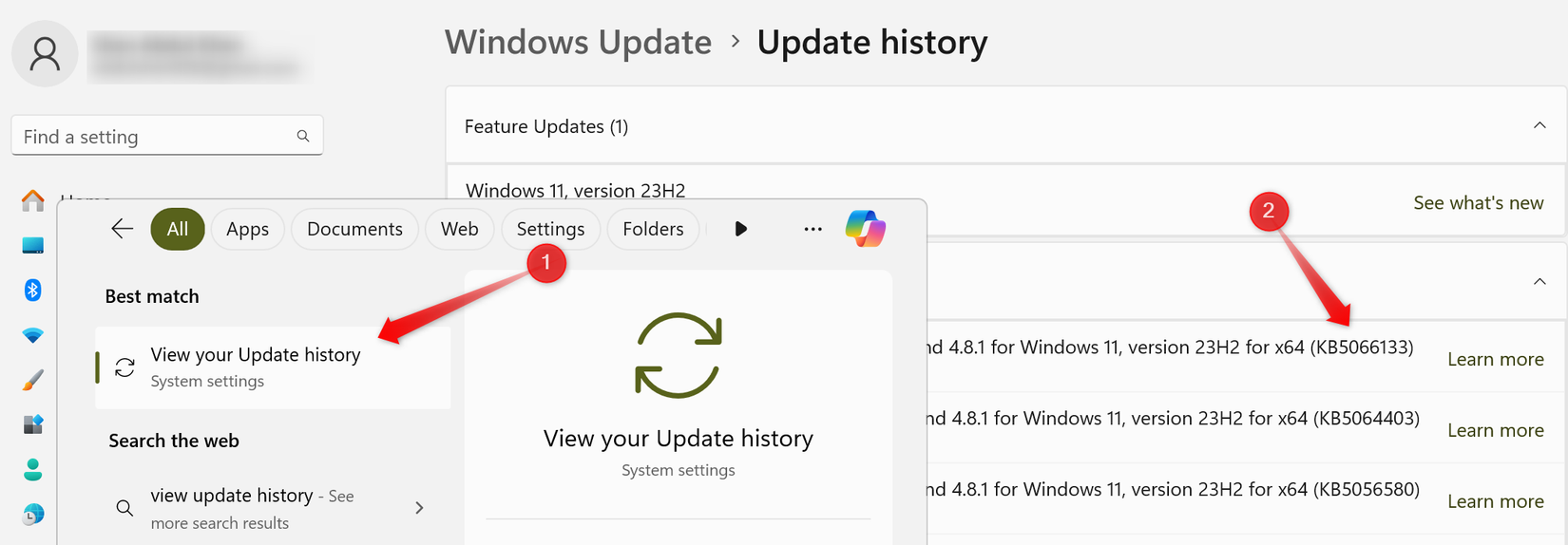 Checking the KB number of a recent update in Windows.