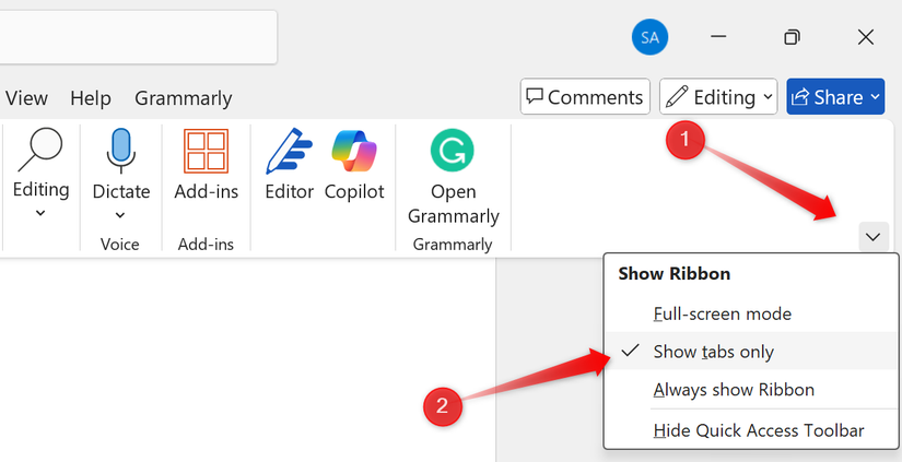 Escondendo a faixa de opções no Microsoft Word.