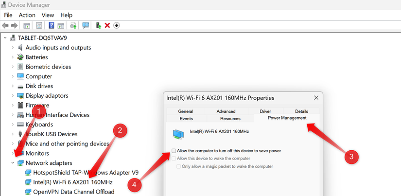 Ajustando as configurações de gerenciamento de energia de um adaptador de rede usando o Gerenciador de Dispositivos.