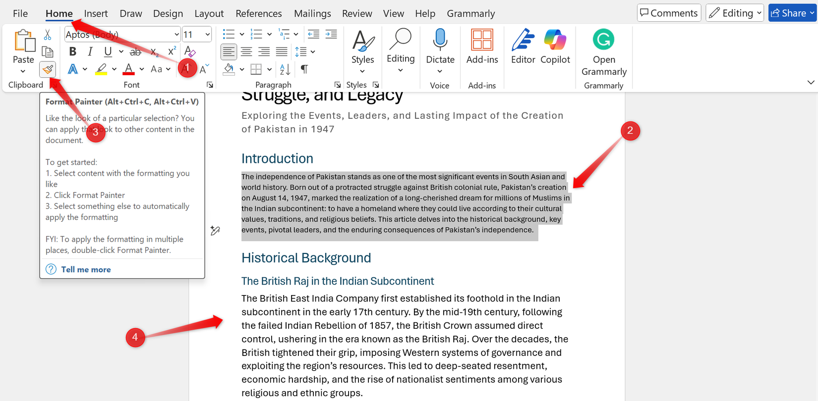 Usando o Format Painter no Microsoft Word.