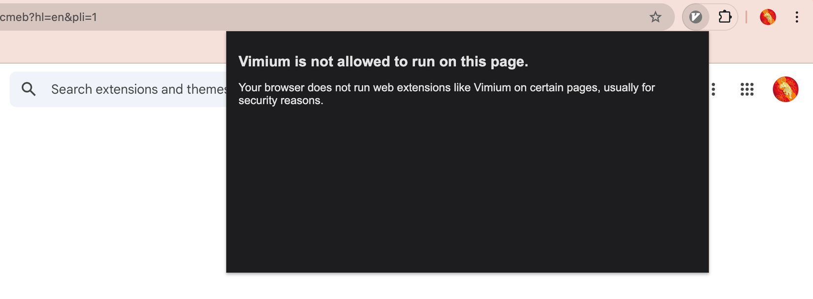 O Vimium não está sendo executado na página da Google Web Store.
