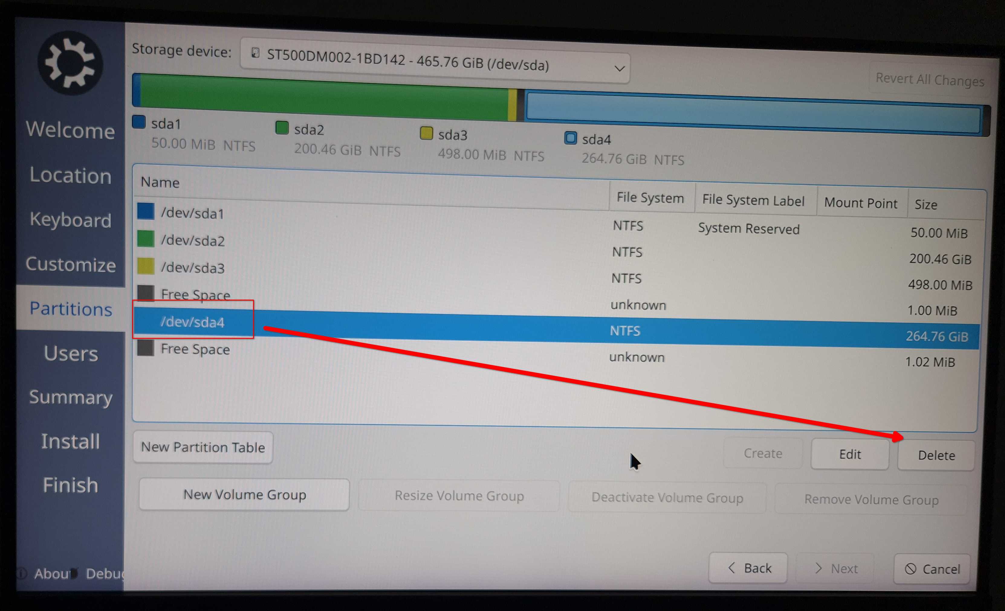 Selecting an existing partition to delete in Calamares.