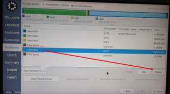 Selecting an existing partition to delete in Calamares.