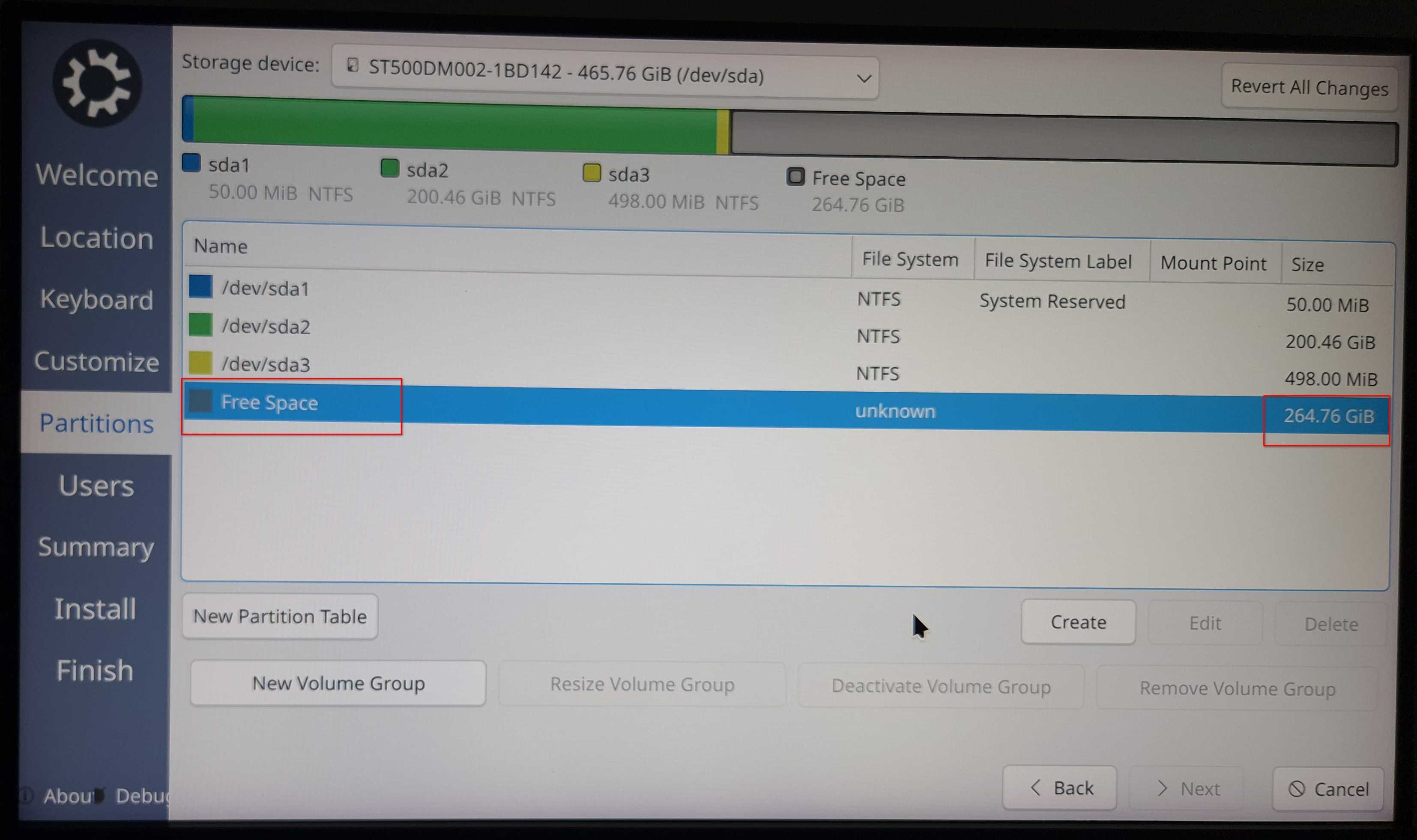 Deleted partition now available as unallocated free space in Calamares.