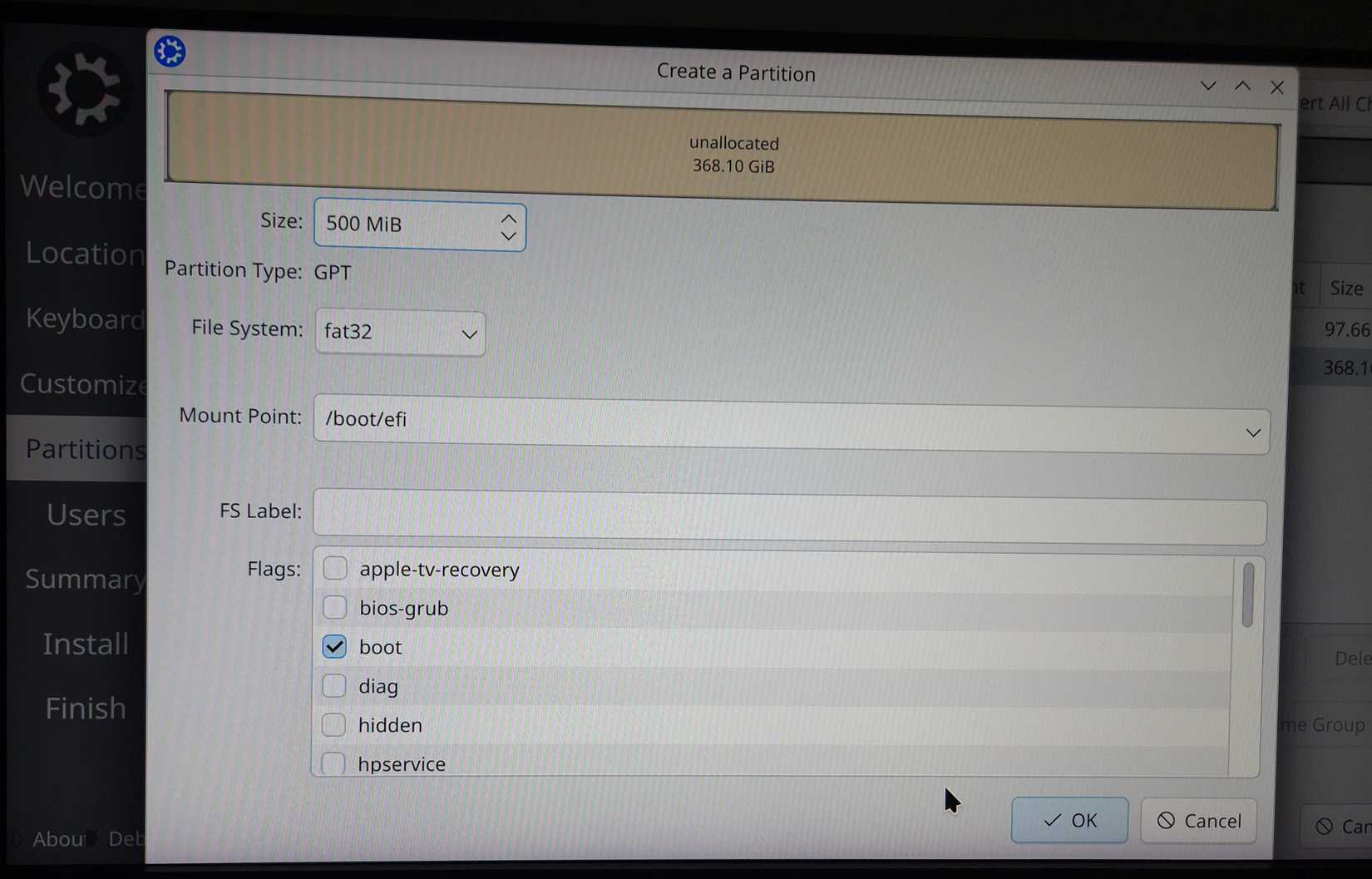 Configurando partição ESP em Calamares.
