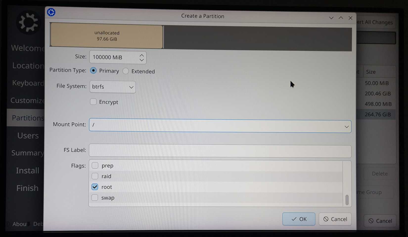 Setting up the root partition in Calamares.