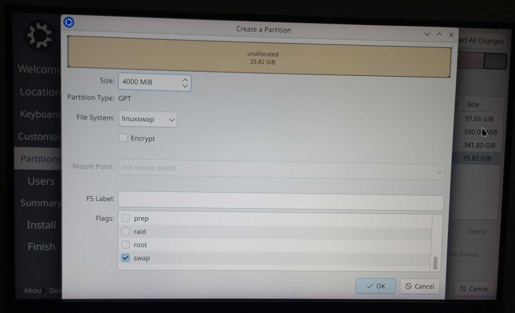 Configurando uma partição swap em Calamares. 