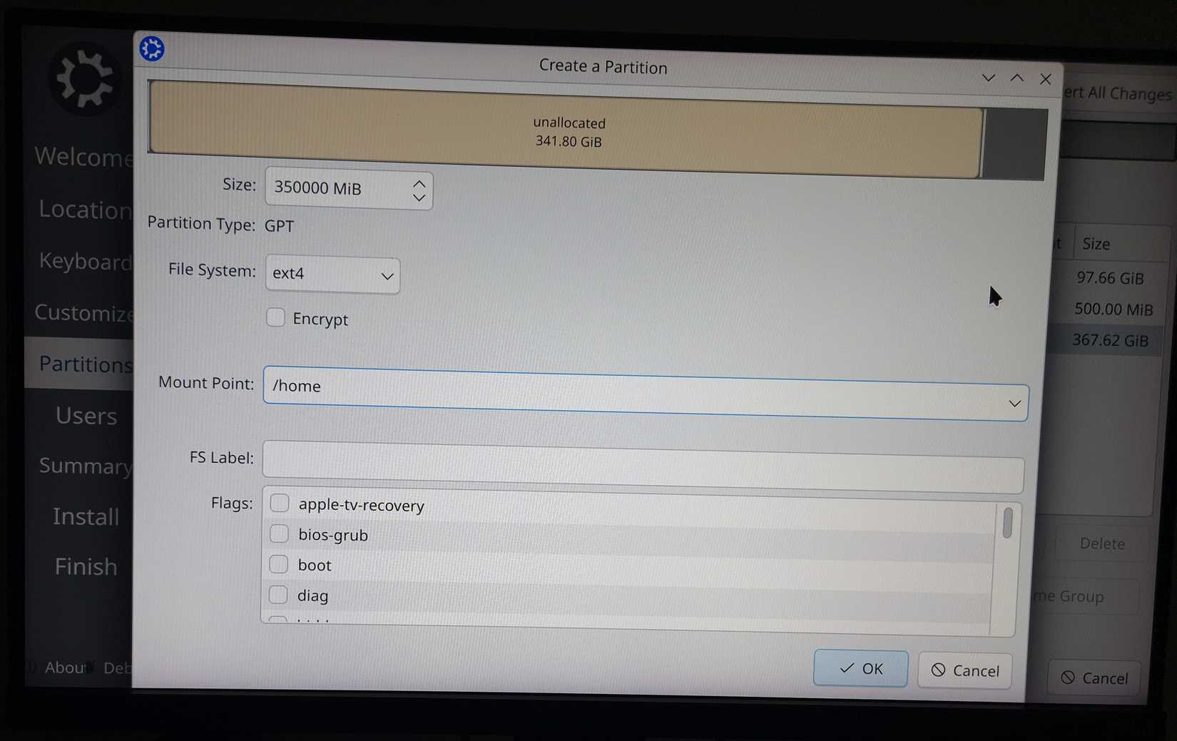 Configurando uma partição inicial em Calamares.
